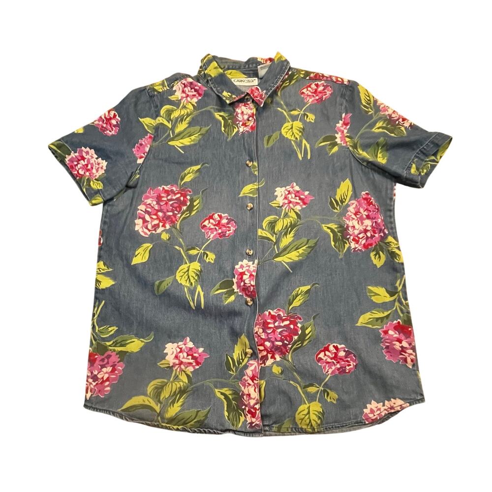 Vintage Cabin Creek Womens L Floral Denim Button Up Short Sleeve Cottagecore